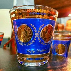 SOLD*Culver MCM Blue and 22k Gold Coin Lowball (3.5") Glasses - Set of 4